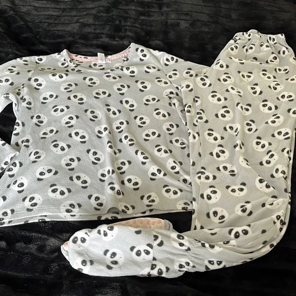pillow talk Pajamas Grey Fleece Panda Pajama Set M Footie Pjs